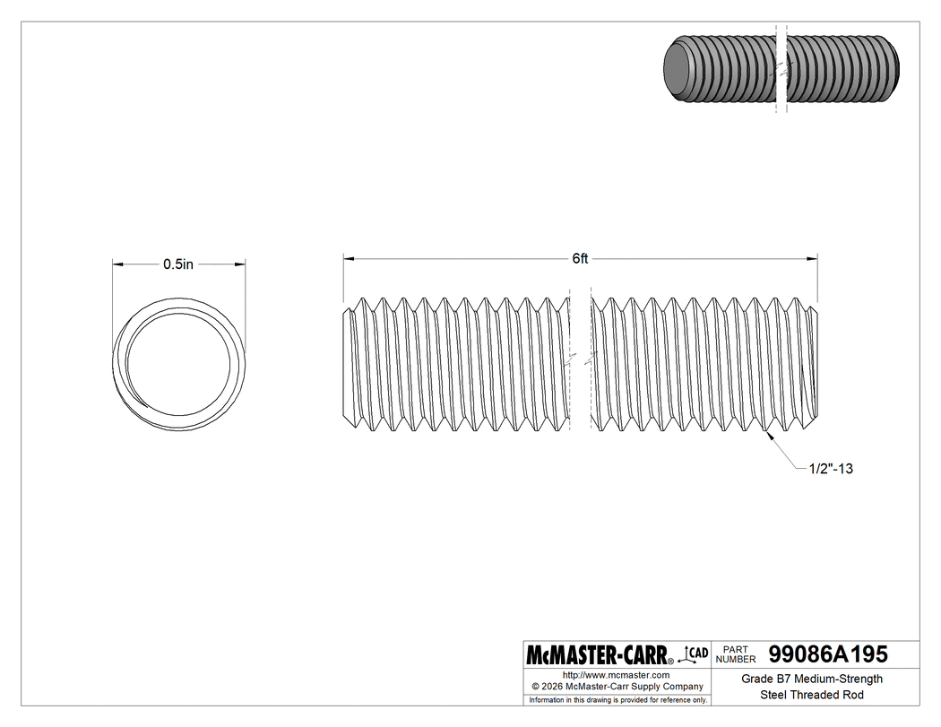Technical Drawing of Grade B7 Medium-Strength Steel Threaded Rod, Zinc Yellow-Chromate Plated, 1/2"-13 Thread Size, 6 Feet Long.
